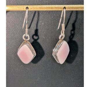 Vintage 925 Sterling Silver Diamond Shape Pink Stone Dangle Earrings